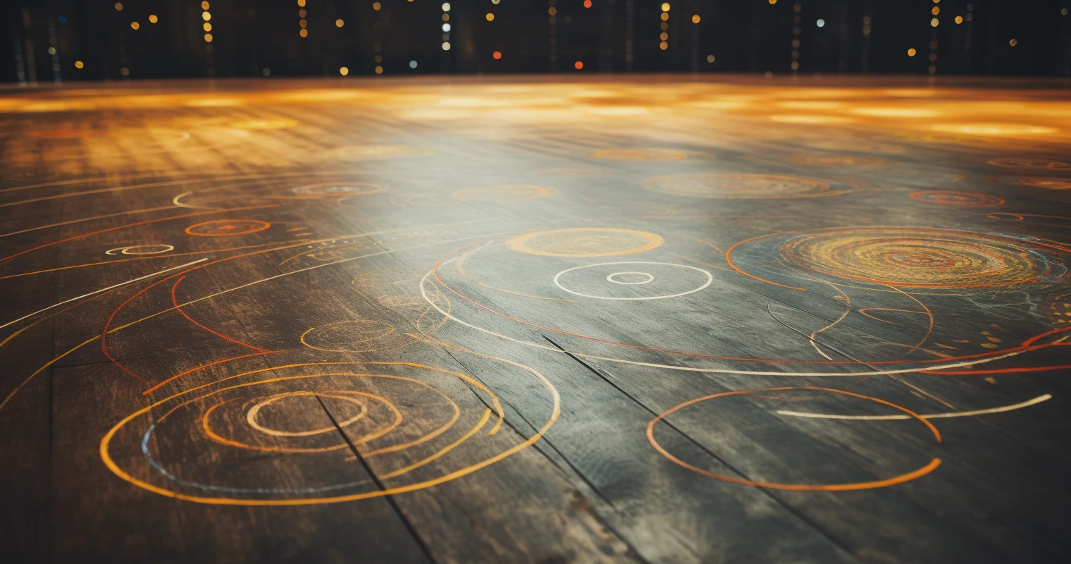 Illustration d’un parquet couvert de cercles, spirales, axes et trajectoires dessinés à la craie