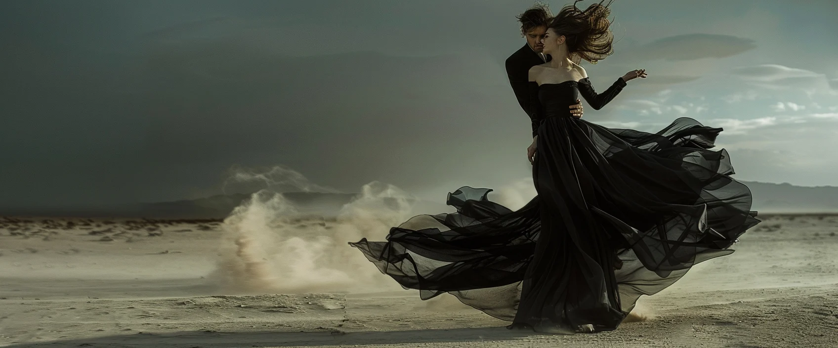 Œuvre représentant un couple de tango dont le mouvement évoque le vent dans un paysage désertique